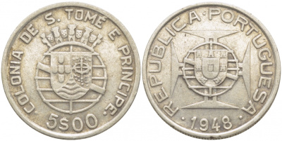 Португальское Сан-Томе и Принсипи 5 эскудо 1948 KM 6 серебро 413-2042