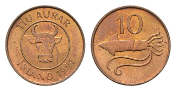 Исландия 10 эйре 1981 кальмар KM 25 бронза UNC 4643-229