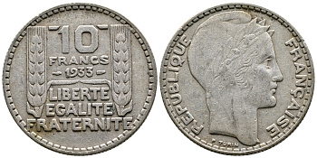 Франция 10 франков 1933 Пьер Тюрен KM 878, Le Franc 360.6 серебро 63-857