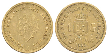 Нидерландские Антильские острова (Нидерландские Антилы) 1 гульден 1990 Беатрикс (1980-2013) KM 37 сталь плакированная бронзой 4624-457