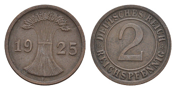 Германия 2 рейхспфеннига 1925 F KM 38, J.314, Weege 4 медь 4639-1228