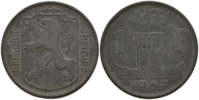 Бельгия 1 франк 1943 Belgique - Belgie, Леопольд III (1934-1947), германская оккупация, Вторая мировая война KM 127 цинк 4161-534