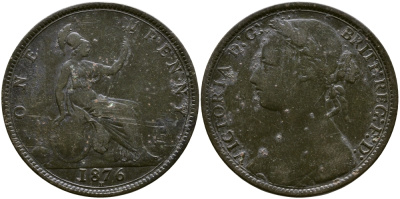 Великобритания 1 пенни 1876 Н, Виктория (1837-1901) KM 755, Spink 3955 бронза 4178-1121