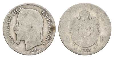 Франция 1 франк 1868 A, Наполеон III (1852-1870) KM 806 серебро 94-1247