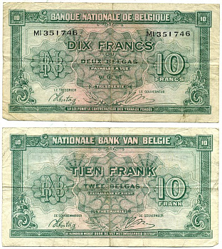 Бельгия 10 франков 1944 01 февраля 1943, король в изгнании Pick 122   бумага   435-30-2-2