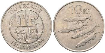 Исландия 10 крон 1984 рыбы KM 29.1 медно-никель 4364-3552