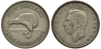 Новая Зеландия 1 флорин 1946 Георг VI (1936-1952), птичка киви KM 10.1 серебро 272-1631
