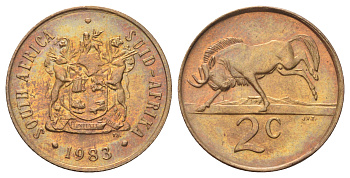 ЮАР 2 цента 1983 герб, антилопа гну KM 83 бронза UNC 4695-1046