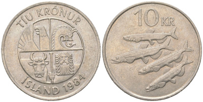Исландия 10 крон 1984 рыбы KM 29.1 медно-никель 4364-3552