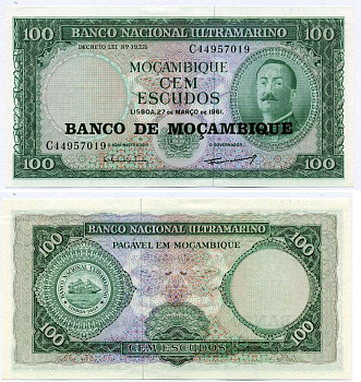 Мозамбик 100 эскудо 1961 (1976) надпечатка на 1961, Айрес де Орнелас  Pick 117 a бумага UNC (пресс) 8612-61-2-2