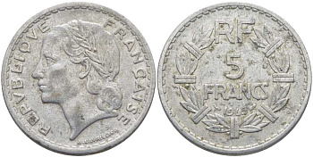 ФРАНЦИЯ 5 ФРАНКОВ 1945 9 ОТКРЫТАЯ KM 888b.1, LE FRANC 339.3 алюминий 111-1124