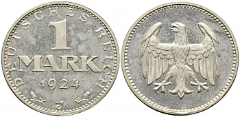 Германия 1 марка 1924 J KM 42, J. 311, Weege 14 серебро PROOF 00-817-58