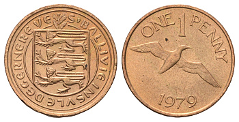 Гернси 1 пенни 1979 Елизавета II (1952-2022), северная олуша в полете KM 27 бронза 4682-467