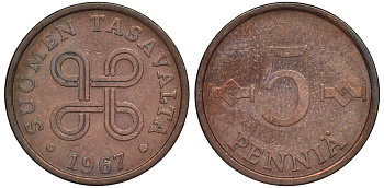 ФИНЛЯНДИЯ 5 ПЕННИ 1967 KM 45 медь 3334-1049