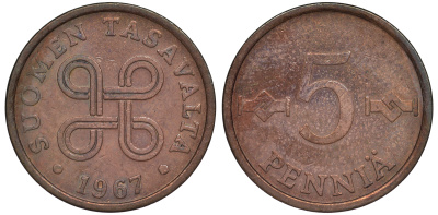 ФИНЛЯНДИЯ 5 ПЕННИ 1967 KM 45 медь 3334-1049
