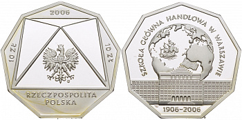 Польша 10 злотых 2006 MW, 100 лет Варшавской школы экономики, многоугольная Fischer K083 серебро PROOF 1084-7-21