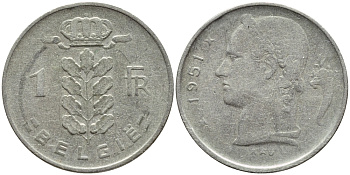 БЕЛЬГИЯ 1 ФРАНК 1951 BELGIE KM 143.1 медно-никель 4395-436
