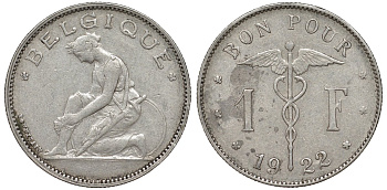 Бельгия 1 франк 1922 Belgique, Альберт I (1910-1934) KM 89 никель 51-2014