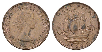 Великобритания 1/2 пенни 1966 Елизавета II (1952-2022) KM 896, Spink 4158 бронза 4663-117