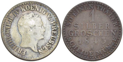 ПРУССИЯ 1 ГРОШ 1843 А, ФРИДРИХ ВИЛЬГЕЛЬМ IV (1840-1861) KM 435 серебро 206-253