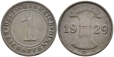 ГЕРМАНИЯ 1 РЕЙХСПФЕННИГ 1929 G KM 37, J. 313, Weege 2 бронза 4547-143