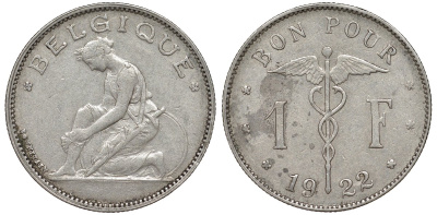 Бельгия 1 франк 1922 Belgique, Альберт I (1910-1934) KM 89 никель 51-2014