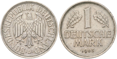 ФРГ 1 марка 1965 D KM 110 медно-никель 4143-111