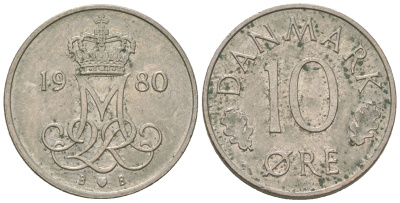 Дания 10 эре 1980 Маргрете II (1972-2024) KM 860.2 медно-никель 4651-125
