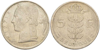 БЕЛЬГИЯ 5 ФРАНКОВ 1971 BELGIQUE, БОДУЭН I (1951-1993) KM 134.1 медно-никель 202-1246