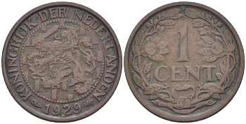 НИДЕРЛАНДЫ 1 ЦЕНТ 1929 ВИЛЬГЕЛЬМИНА (1890-1948) KM 152 бронза 76-162