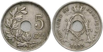 Бельгия 5 сантимов 1925 Belgique, Альберт I (1909-1934) KM 66 медно-никель 4548-1247
