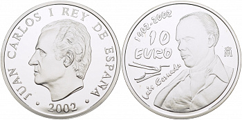 Испания 10 евро 2002 100 лет со дня рождения поэта Луиса Сернуда KM 1087 серебро PROOF 01-162-35