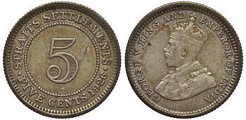 Стрейтс-Сетлментс 5 центов 1926 Георг V (1910-1936) КМ 36 серебро 53-543