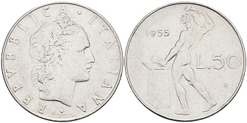 Италия 50 лир 1955 R, бог огня Вулкан у наковальни KM 95.1 нержавеющая сталь    4116-343