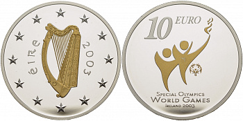 Ирландия 10 евро 2003 специальные Олимпийские игры в Ирландии 2003, позолота KM 41 серебро PROOF 1081-5-53