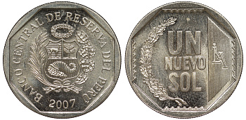 Перу 1 новый соль 2007 KM 308.4 медно-никель UNC 4605-244
