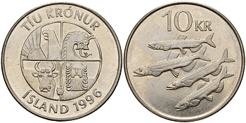 Исландия 10 крон 1996 KM 29.1a сталь плакированная никелем 4156-334