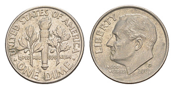 США 1 дайм (10 центов) 2007 D, президент Рузвельт KM 195a медь плакированная медно-никелем 4649-1265