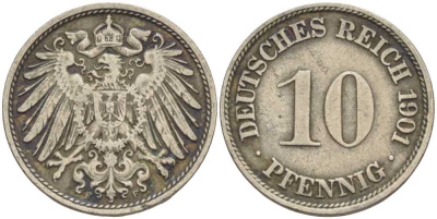 ГЕРМАНИЯ 10 ПФЕННИГОВ 1901 F KM 12, J. 13 медно-никель 4401-1226