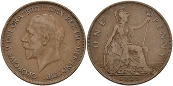 Великобритания 1 пенни 1929 Георг V (1910-1936) KM 838, Spink 4055 бронза 4389-133