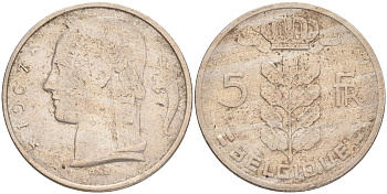 БЕЛЬГИЯ 5 ФРАНКОВ 1967 BELGIQUE KM 134.1 медно-никель 4556-424