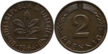 ФРГ 2 пфеннига 1964 D KM 106, J.381 бронза 99-137