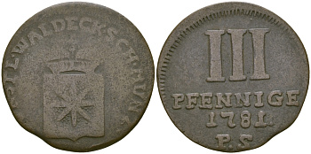 Вальдек-Пирмонт 3 пфеннига 1781 PS KM 44 медь 65-635