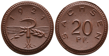 Саксония 20 пфеннигов 1921 колосья и серп J. N 53 фарфор UNC 1094-9-34