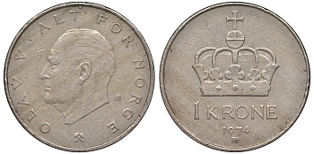 Норвегия 1 крона 1974 Олаф V KM 419 медно-никель 25-2144