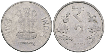 Индия 2 рупии 2012 монетный двор знак звездочка - Хайдарабад	 KM 395 нержавеющая сталь 4582-824