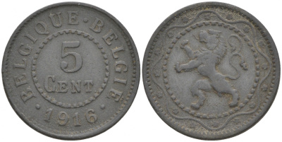 Бельгия 5 сантимов 1916 Belgique-Belgie, германская оккупация, I-ая мировая война KM 80 цинк 44-134