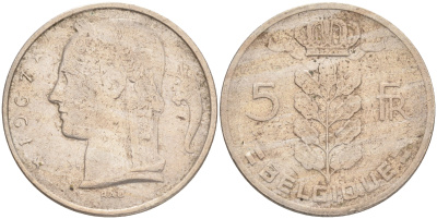 БЕЛЬГИЯ 5 ФРАНКОВ 1967 BELGIQUE KM 134.1 медно-никель 4556-424