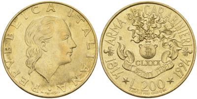 Италия 200 лир 1994 R, 180 лет карабинерам KM 164 алюминиевая бронза 4126-122