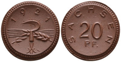 Саксония 20 пфеннигов 1921 колосья и серп J. N 53 фарфор UNC 1094-9-34